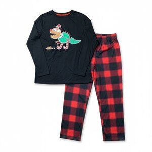 Cat & Jack Boys Black Long Sleeve Christmas Dino Pajama Set Red Plaid Pants XXL
